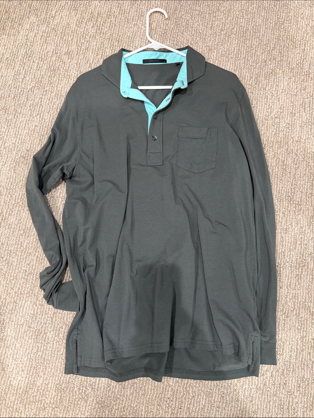 Greyson Men's Long-Sleeve Polo in Charcoal with Teal Trim